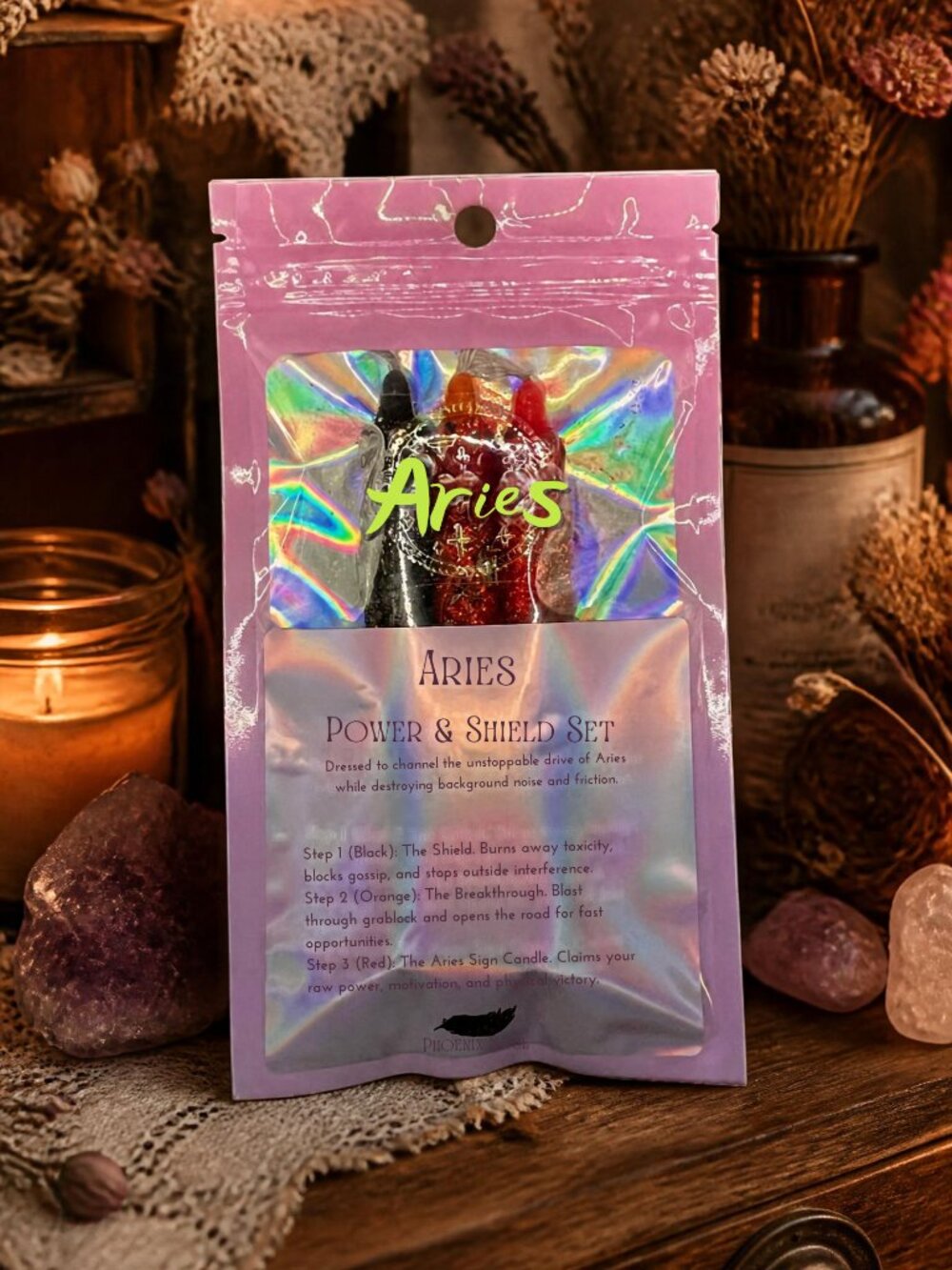 3pc Aries Power & Shield Spell Candle Set Hand Dressed